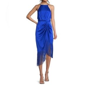 NWOT Badgley Mischka Cobalt Satin Blue Asymmetrical Dress with Fringe